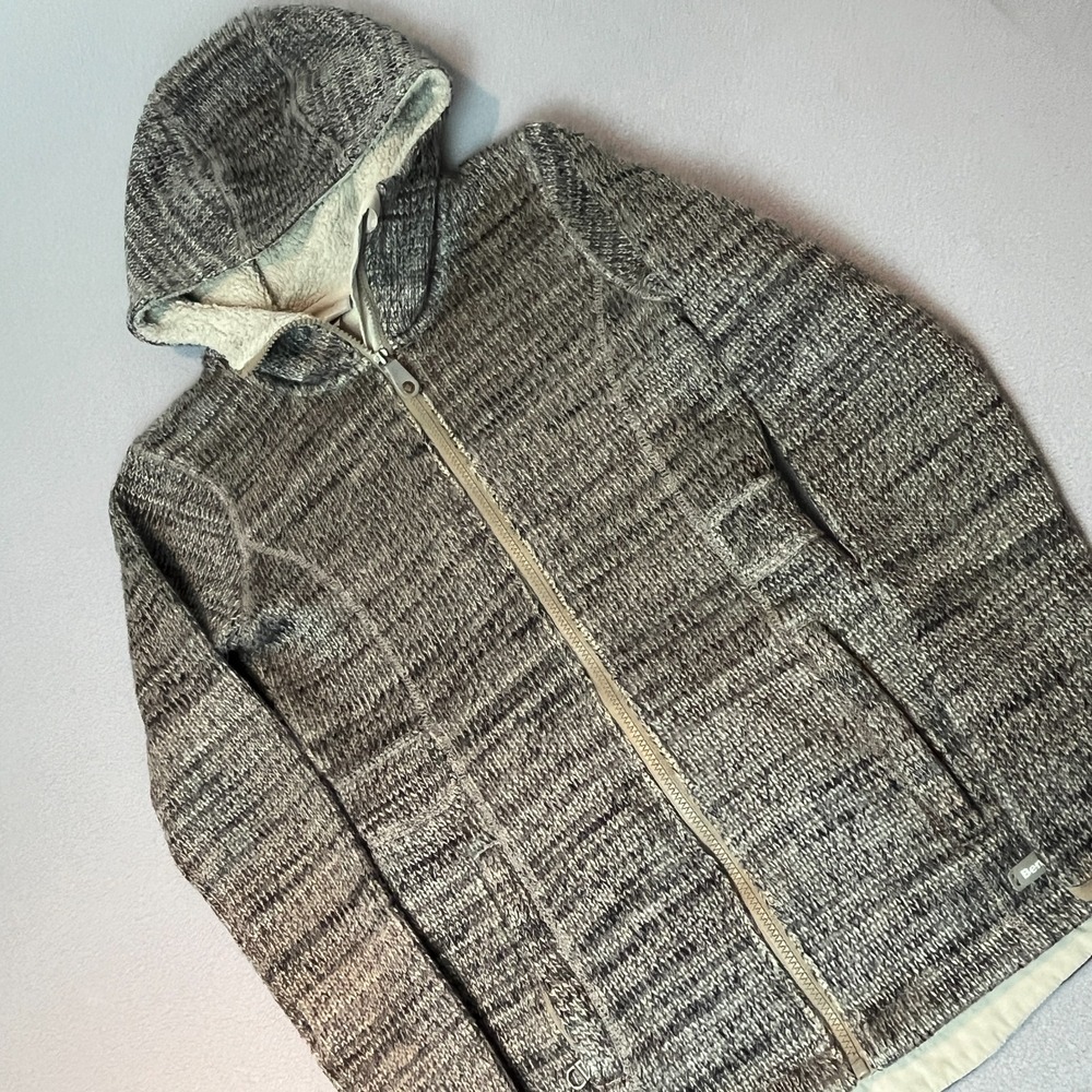 Bench Sherpa Fleece Lined Knit Jacket Gray Hooded Full Zip Womens Small